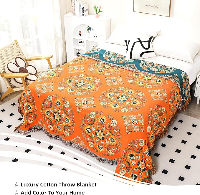VANJOROY 100% Cotton Throw Blanket, Muslin Breathable Soft Bed Quilt Orange Throw - Bohemian Floral Farmhouse Decor Blanket for Sofa Couch Chair and Gift. 50" x 60"