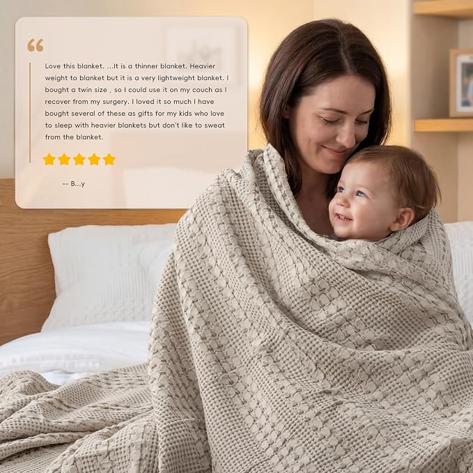 PHF 100% Cotton Waffle Weave Blanket Queen Size, Lightweight Breathable Summer Blanket for Hot Sleepers, Pre-Washed Soft Layer for Bed, Couch, Aesthetic Home Decor & Gift, 90"x90", Pearl Gray