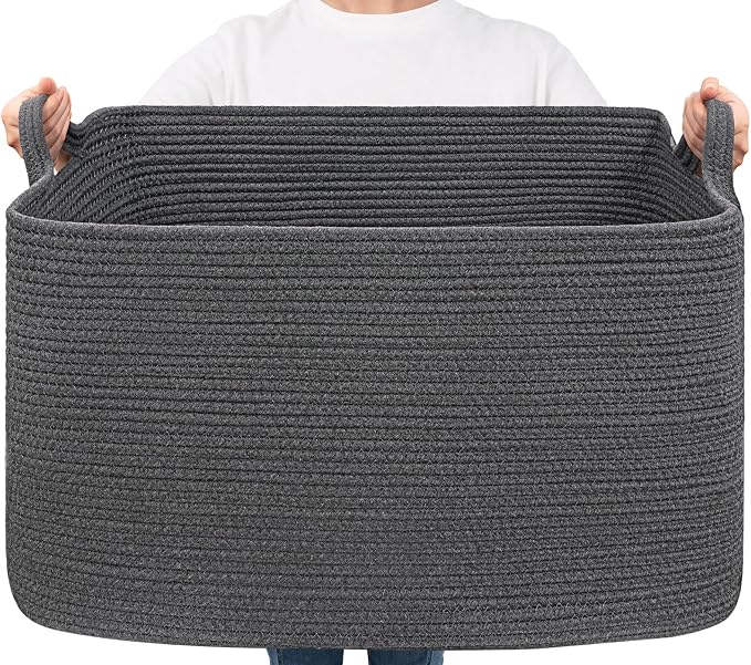 Goodpick 85L Large Woven Rope Blanket Basket, Rectangle, Dark Gray | 23.6'' x 15.7'' x 13.8'' Storage Basket for Blankets, Clothes, Toys & Pillows, Living Room, Bedroom & Nursery Organization