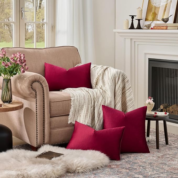 GIGIZAZA Burgundy Velvet Pillow Covers 12x20 Decorative Pillows Pack of 2 | Red Throw Pillows for Couch Sofa,280gsm Soft Textured Fabric,Modern Lumbar Pillowcases,Luxury Cushion Covers