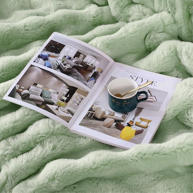 Sage Green Faux Fur Throw Blanket for Couch, Snuggly Double-Sided Bubble Plush Blanket with Soft Flannel Back,Decorative Gift for Sofa or Bed, Machine Washable, 50 x 60, 860 GSM