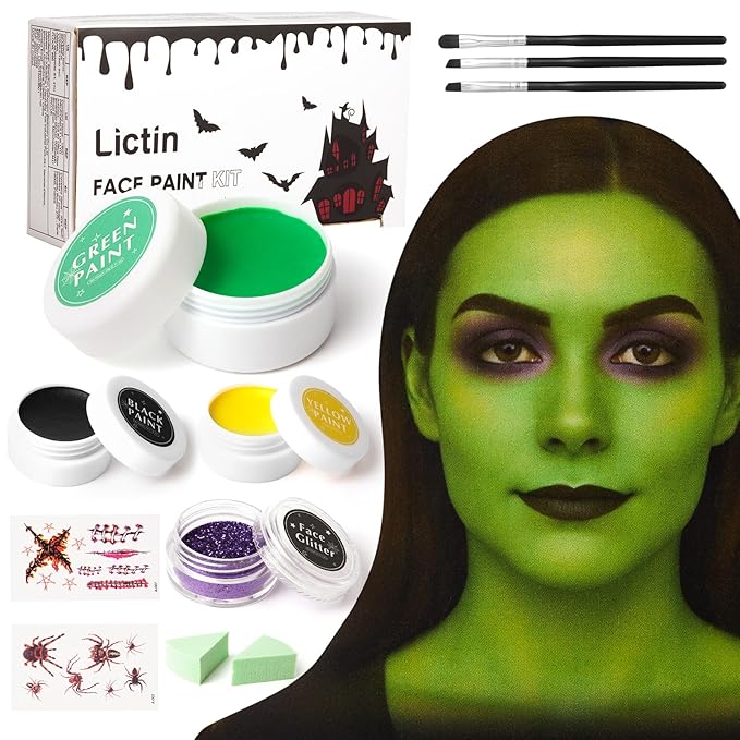 Halloween Green Witch Makeup Kit - Lictin Complete Witch Green Face Paint with Purple Glitter, Professional Witch SFX Make Up Kit for Halloween, Costume, Cosplay, Carnivals for Adults & Kids