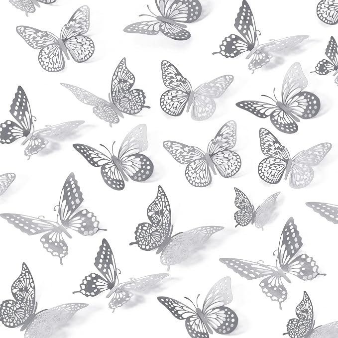 SAOROPEB 3D Butterfly Wall Decor, 48 Pcs 4 Styles 3 Sizes, Removable Metallic Wall Sticker Room Mural Decals for Kids Bedroom Nursery Classroom Party Decoration Wedding Decor DIY Gift (Sliver) | 4 Styles 3 Sizes, Removable Metallic Wall Sticker Mural D...