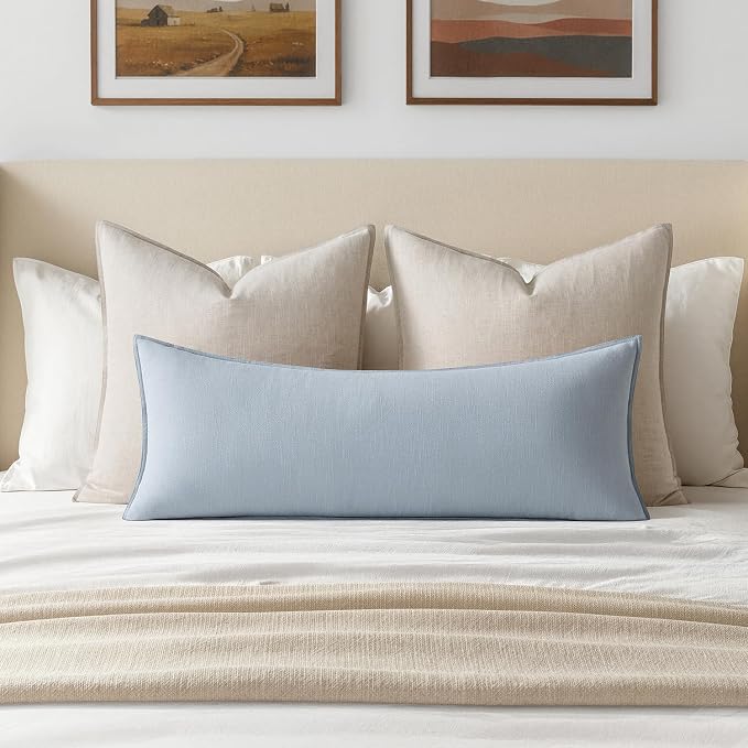 MIULEE Decorative Linen Lumbar Pillow Cover 14x36 Inch Light Blue | Boho Farmhouse Couch Long Throw Pillow for Bed, Pack of 1 Accent Coastal Modern Pillowcase, Sofa Livingroom Home Decor