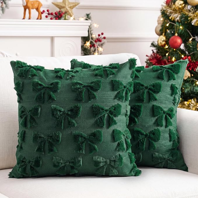 Mixweer Green Bow Pillow Covers Set of 2 Preppy Room Decor Coquette Cute Spring Summer Decorative Faux Fur Soft Bowknot Stuff Fluffy Plush Aesthetic Pillowcase for Bed Sofa Couch (20 x 20 Inch)