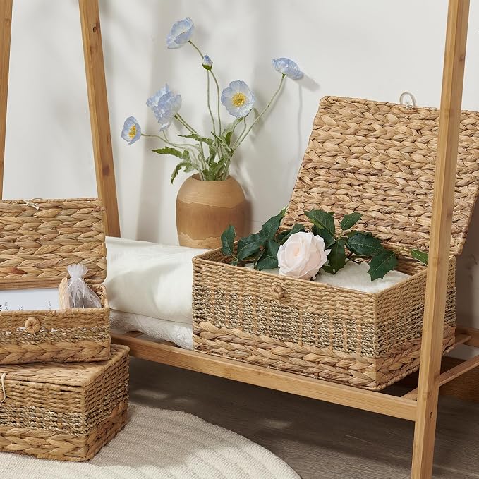 3PCS Wicker Storage Baskets with Lids Decorative Rattan Boxes | Handmade Natural Boho Woven Bins, Water Hyacinth Seagrass Paper Rope, Memory Keepsake Photo Makeup Container, Shelf Organizer