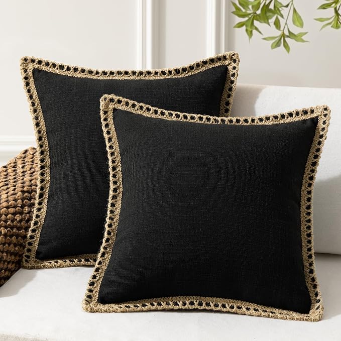 Phantoscope Pack of 2 Farmhouse Decorative Solid Pillow Cover Burlap Linen Trimmed Tailored Edges, Black, 20 x 20 inches, 50 x 50 cm