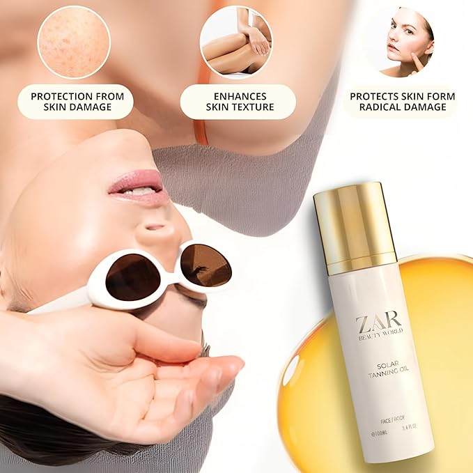 Zar Solar Tanning Oil | Fast Dark Tanning Accelerator for Outdoor Use | Natural, Non-Greasy Formula with Sweet Almond & Jojoba Oils | Nourishes & Protects Skin | Perfect for Face & Body - 100 ml