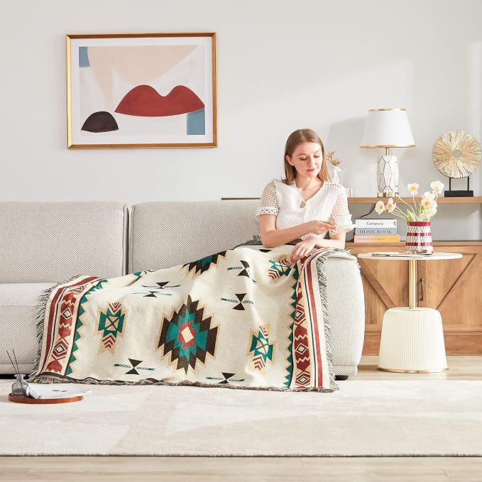 Native American Blanket Western Decor Boho Throw Blanket for Sofa, Mexican Decorative Farmhouse Blanket, Southwest Decor Woven Blankets, Aztec Throw Blankets with Tassel(Beige,50×60 inch)