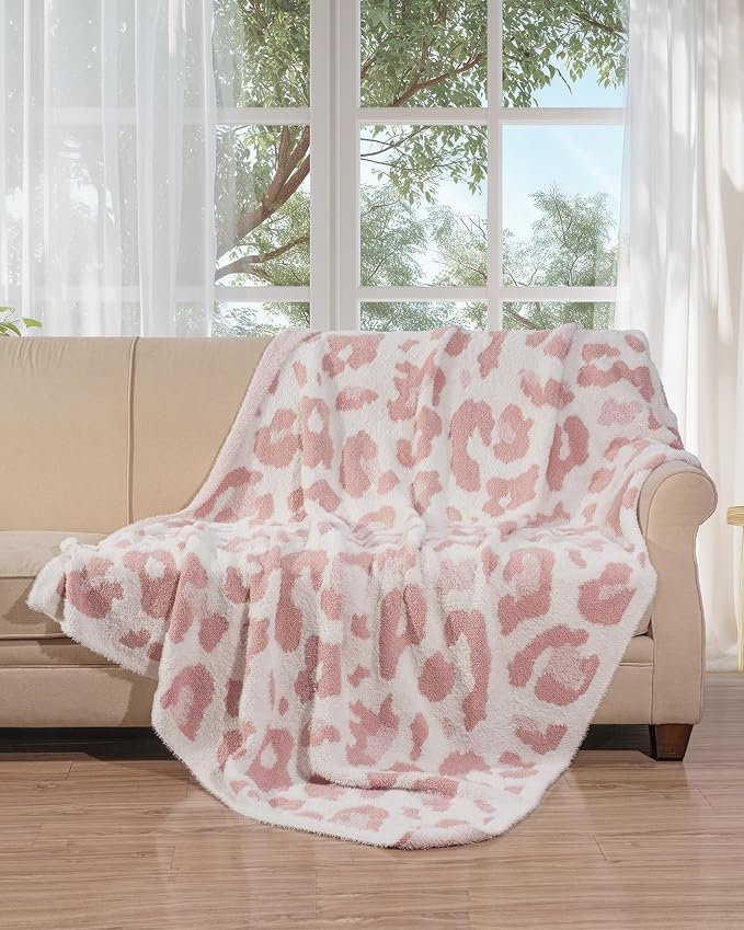 Knit Throw Blanket for Couch, Soft Cozy Fluffy Knitted Blanket for Sofa, Bed, Gift for Women Girls Home Decor (Leopard-Pink, Throw 50"x60")