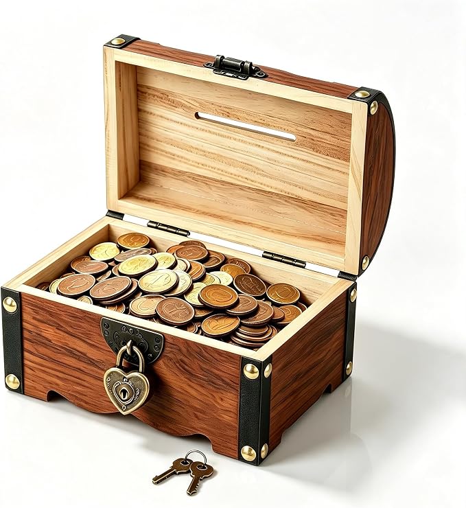 Toyvian Vintage Wooden Pirate Treasure Chest, Antique Jewelry Keepsake Organizer Box with Lock Decorative Storage Trunk for Necklaces Earrings Rings Trinkets Unique Gift for Women Men