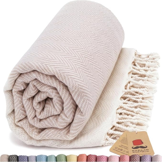 Bazaar Anatolia Turkish Beach Towel 100% Cotton Bath Towels 71x39 Quick Dry Sand Free Lightweight Large Oversized Herringbone Beige
