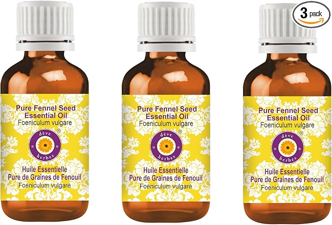 Deve Herbes Pure Fennel Seed Essential Oil (Foeniculum vulgare) Steam Distilled (Pack of Three) 100ml X 3 (10 oz)
