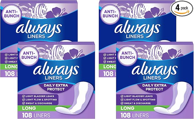 Always Panty Liners for Women Anti-Bunch Xtra Protection Daily Liners, Long, Unscented 108 Count (Pack of 4)