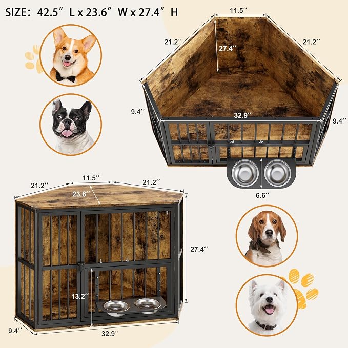 Corner Dog Crate Furniture for Small Dogs, Indoor Kennel End Table, Brown