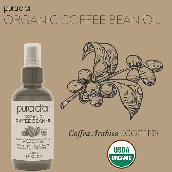 PURA D'OR 3.38 Oz ORGANIC Coffee Bean Oil - 100% Pure USDA Certified Premium Grade Natural Moisturizer, Cold Pressed, Unrefined, Hexane-Free Base Carrier Oil for DIY Skin Care For Men & Women