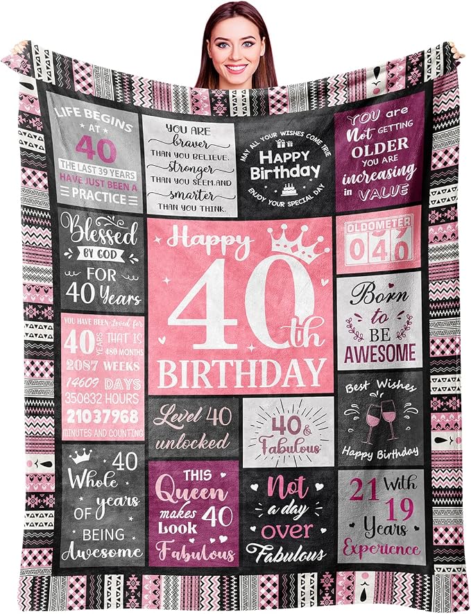 Ivivis 40th Birthday Gifts Women Blanket 60”X50”, 40th Birthday Decorations for Women, Happy Forty Birthdays Gift Ideas for Woman, 1986 Birthdays Gifts for 40 Year Old Woman Throws