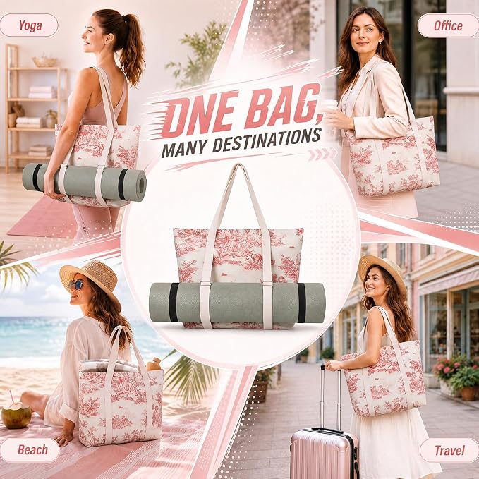 Hsei Pink Floral Yoga Mat Gym Bag Pink Toile Yoga Tote Bag for Women Vintage Boho French Country Large Canvas Tote with Zipper Closure for Pilates Fitness Travel Beach Travel Office Workout Gym Gift