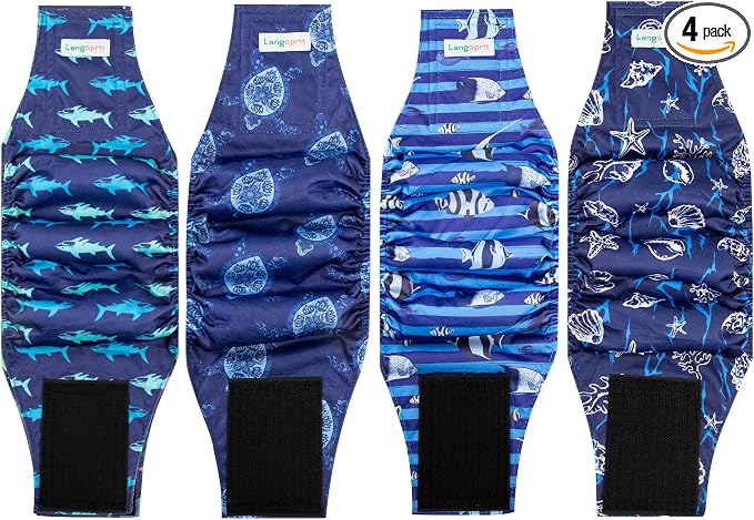 Langsprit Small Male Dog Diapers for Doggie Puppy,Reusable Belly Bands for Male Dogs Wraps,Washable Doggy Dog Diapers Medium Large in Incontinence 4 Pack (Sea Shell, Tortoise, Shark, Fish, Small)