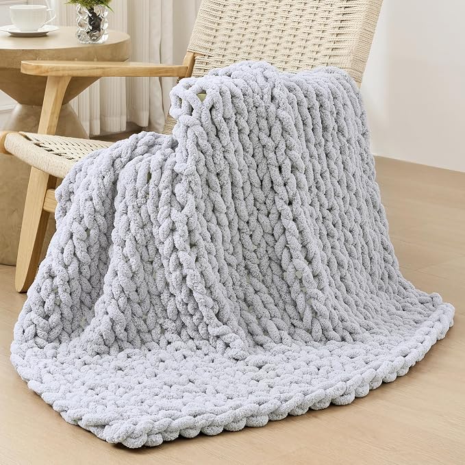 Bigacogo Chunky Knit Throw Blanket for Couch, 40x40 inches, Light Grey | Hand Knit with Jumbo Chenille, Soft Breathable Cable Knit for Sofa Bed Living Room, Machine Washable, Gift for Mom Friend