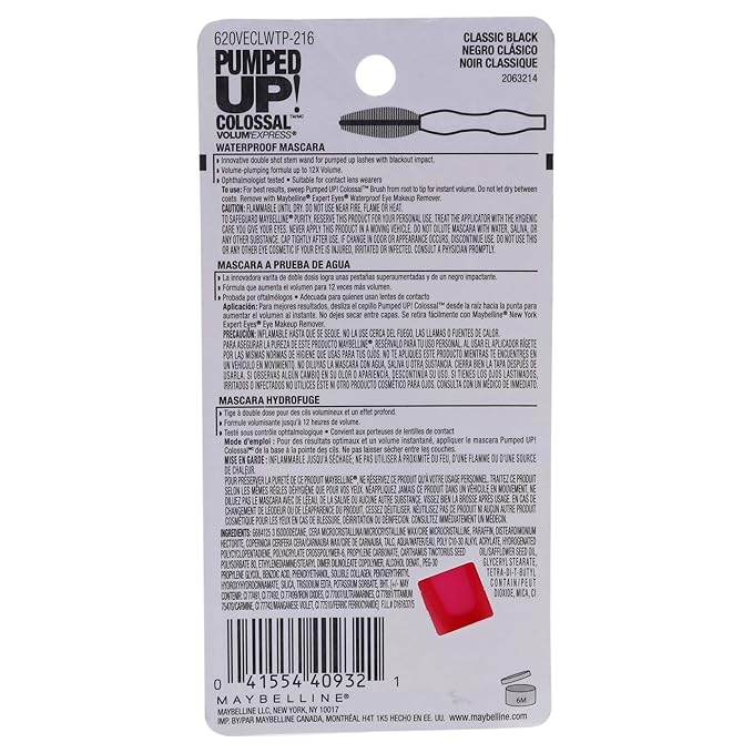 Maybelline New York Volum' Express Pumped Up! Colossal Waterproof Mascara, Classic Black, 0.32 Fl Oz, (K1569200)