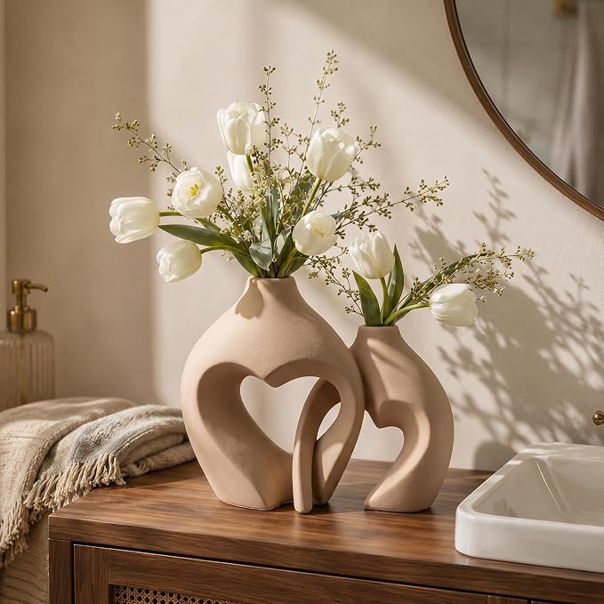 Ceramic Flower Vases Home Decor Heart Shaped Vase Set of 2 | Nordic Heart Shaped Vases Minimalist Decorative Vase for Table Centerpiece Wedding Dining Living Room Office House Decoration