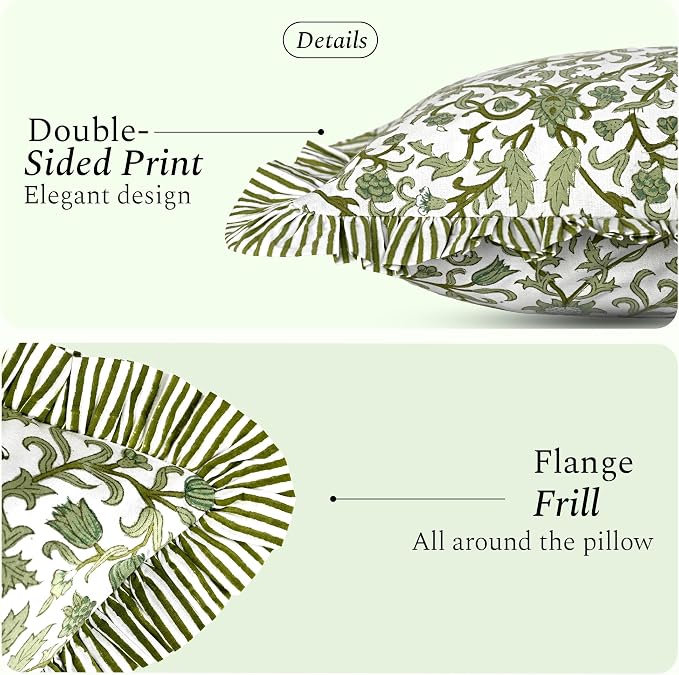 CPC Meadow Vine Hand Block Print 100% Cotton Ruffle Throw Pillow Cover 18x18 inch with Hidden Zipper Decorative for Couch, Bed, Sofa, Farmhouse, Cottagecore Decor Gift Christmas Fall Thanksgiving