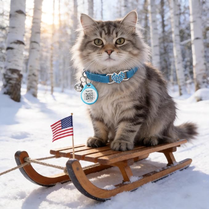 Heart Bling White Heart Shaped Kitten Collar Cute Cat Collar with Bell,Ideal for Girl Cats Boy Catswith Safety Belt and Bell Adjustable 8-13 inches for Personalized with QR Code Smart ID tag(Blue)