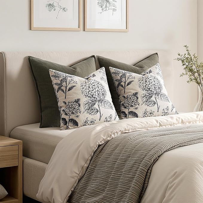 Set of 2 Decorative Floral Pillow Covers 18x18 Inch Black | Neutral Hydrangea Print, Boho Vintage Throw Cushion Covers, Cottagecore Home Decor, for Sofa Couch Porch Bedroom Living Room