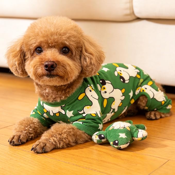 Dog Pajamas Summer Cute Print Puppy Jumpsuit Thin Dog Onesie Small Dog Clothes with Comfy & Elastic Frbic Puppy Pjs(Green Puppy, X-Small)