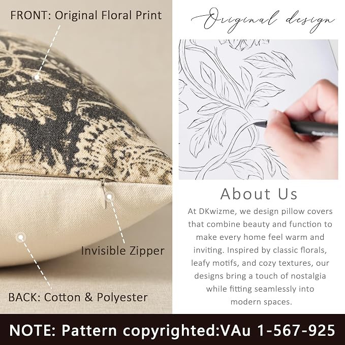 Vintage Floral Print Throw Pillow Covers 22x22 Set of 2 Neutral Modern Farmhouse Accent Decorative Cushion Covers Boho Home Decor for Couch Sofa Chair Bed Living Room, Black