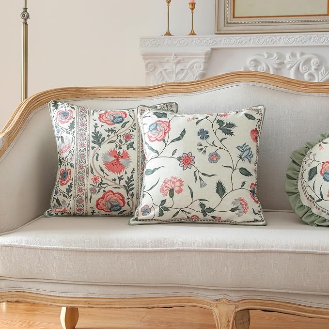 Designer Linen Throw Pillow Cover,Set of 2,18"x18"-Estevan A | Vintage French Elegant Square Pillow Cover,Concealed Zipper Design,Floral Pattern,Sofa,Bedroom,Living Room,Lounge Chairs