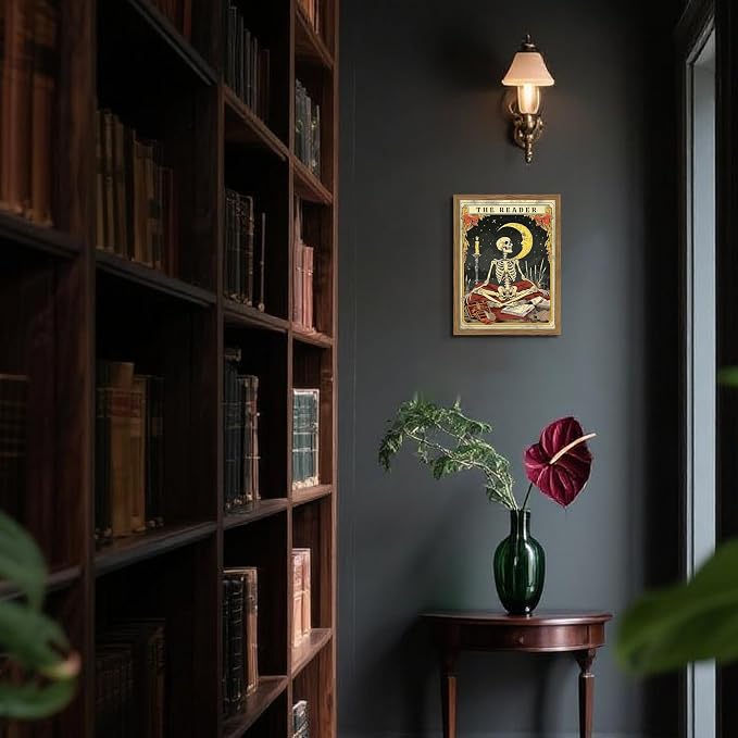 Framed The Reader Tarot Canvas Wall Art, Skeleton Reader Tarot Card Pictures Wall Decor, Bookish Witchy Library Poster Print Artwork for Witchy Reading Nook Book Lover Gift 12x16 inch