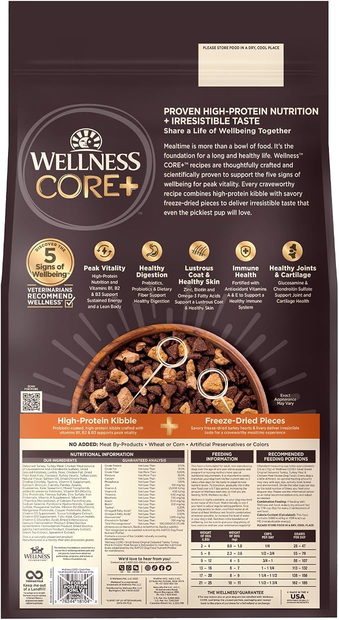 Wellness CORE+ Small Breed Adult Dry Dog Food with Freeze Dried Pieces, Grain Free Kibble+, Natural, High Protein, Turkey and Chicken Recipe, 10 lb Bag