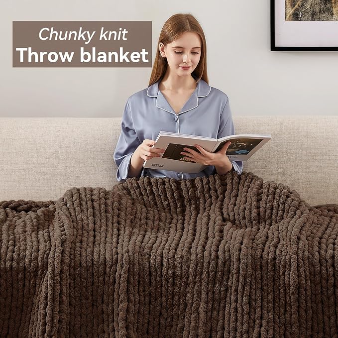 Negwoo Chunky Knit Throw Blanket, Knitted Throw Chenille Yarn, 30"*40" | Soft Thick Cable Knitted Blankets, Handmade Big Thick Blanket, Machine Washable Cute Comfy Blanket for Home Decor, Dark brown