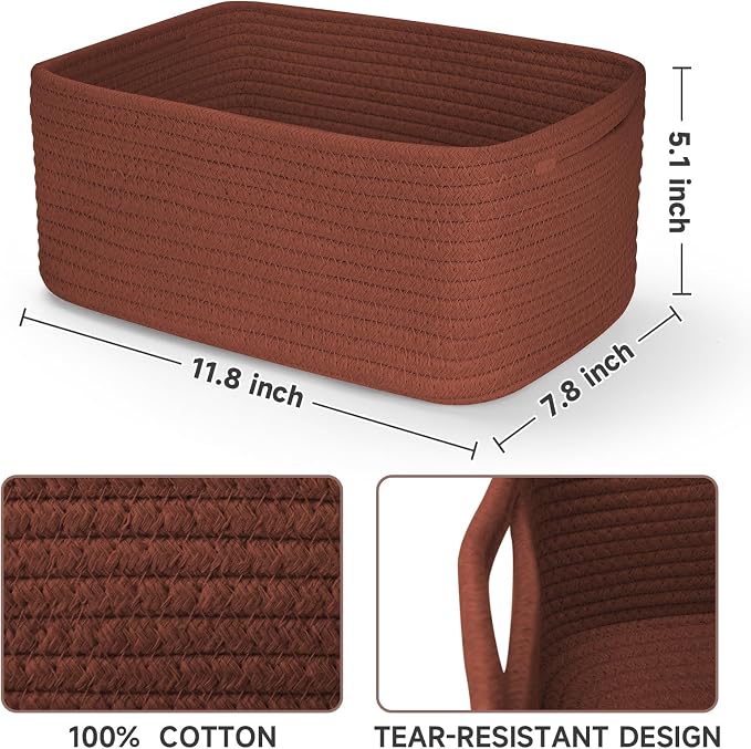 3 Pack Small Storage Baskets for Organizing, 11.8×7.8×5.1", Oxide Red | Woven Baskets for shelves, Cotton Rope Basket for Gifts Empty, Closet Organizer Bins with Handles, Cube Decorative Box