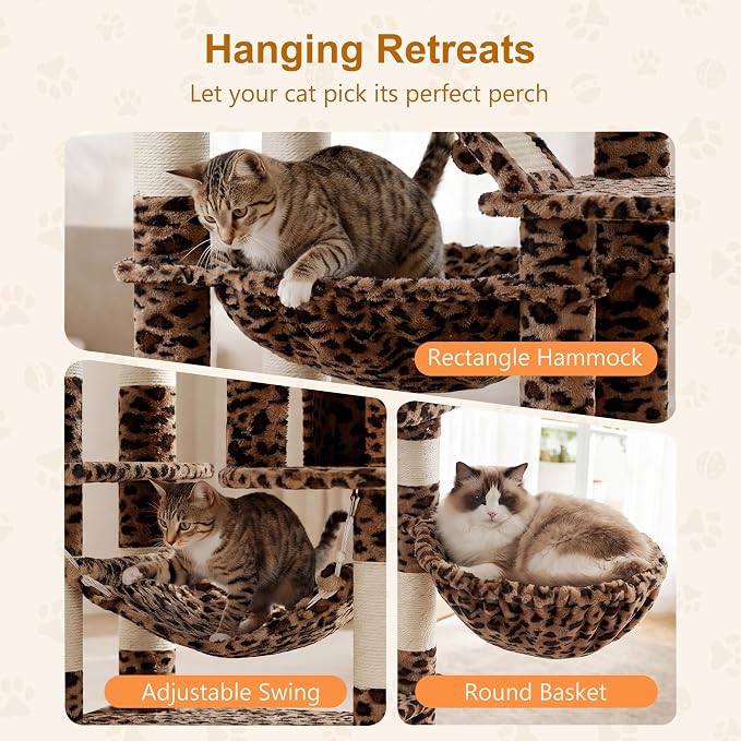 Heybly Cat Tree, 71-Inch-Tall Tower for Indoor Cats with 2 Perches HCT034BW | Large Cat Furniture with 2 Big Condos, 2 Hammocks, Basket, Scratching Pad, Multi-Level Cat Condo, Leopard Print