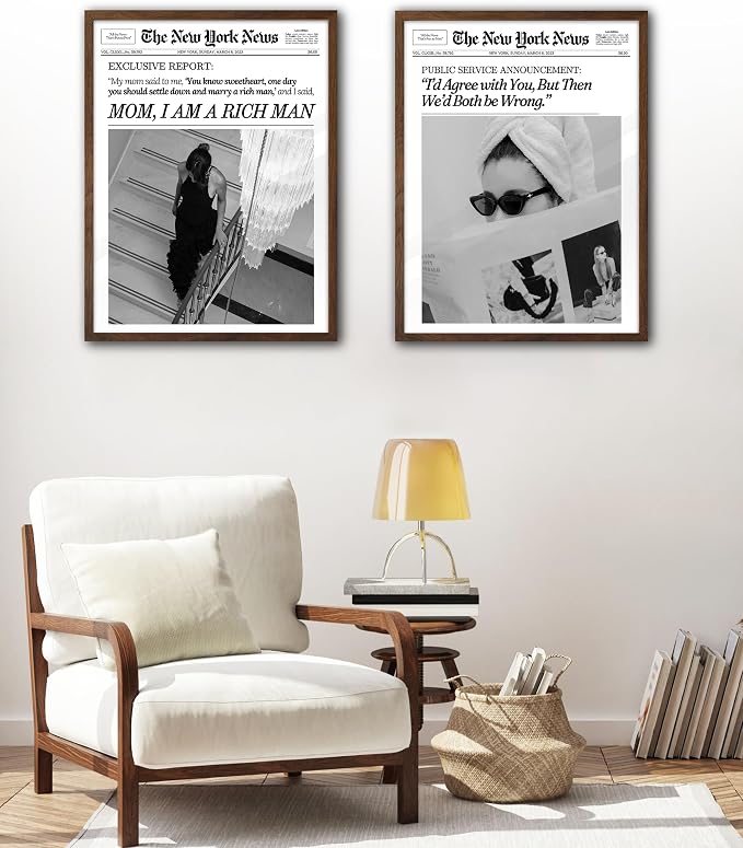 EcoHest 12x16 in Cool Girl Newspaper Framed Wall Art for Bedroom | Walnut Color Solid Oak Frame, Canvas Wall Art, Girly Fashion Magazine Decor for Bedroom, Apartment, Dorm, College Room, 1Pack