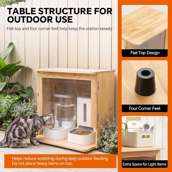 Outdoor Wooden Cat Feeding Station with Wall Anchor | Weather-Resistant, Fits 2 Automatic Feeders or Bowls, 1-Gal Water Dispenser, Cable Port, For Stray, Feral & Community Cats