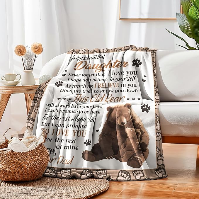 UFOORO Throw Blanket Daughter Gifts, Bear Hug Soft Fleece Blanket, Heartfelt Gift from Father to Daughter, Sweet Best Gifts for Adult Daughters Birthday Christmas Valentine's Day 55"X70"