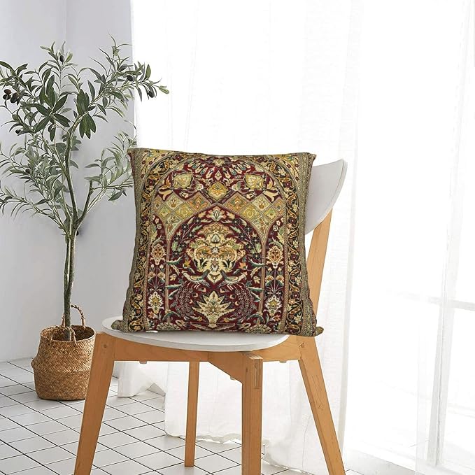 Hereke Turkish Antique Silk Rug Print Pillow Covers Decorative Square Throw Pillowcase 18x18 Inch Couch Cushion Cover for Home Decor Living Room Bedroom College Dorm Bed Car Sofa
