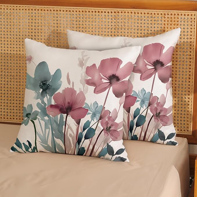 Spring Floral Pillow Covers 18x18 Inches Set of 2 Blue Pink Floral Throw Pillow Covers Outdoor Rustic Summer Flower Decor Pillowcase Farmhouse Decorative Cushion Cover for Home Sofa Couch