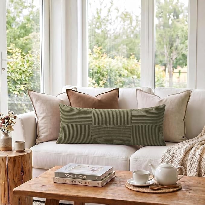 Fancy Homi Set of 2 Olive Green Boho Long Lumbar Body Decorative Throw Pillow Cover 14x36 Inch for Bed Couch Bedroom Bench, Soft Patchwork Corduroy Textured Pillow Case, Rustic Farmhouse Room Décor