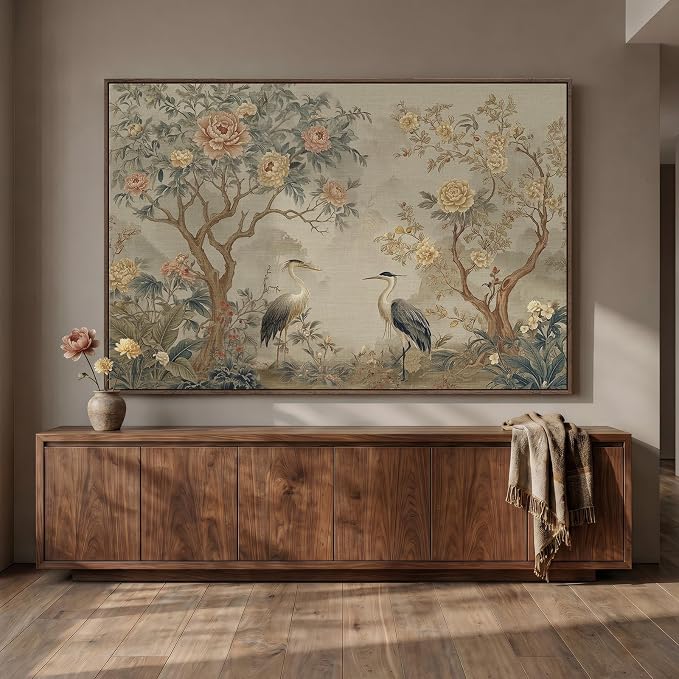 Extra Large Framed Chinoiserie Wall Art for Living Room, Oversized Vintage Floral Neutral Artwork for Walls, Horizontal Asian Flower Canvas Prints Office Dining Room Hallway Wall Decor, 72x48 Inch
