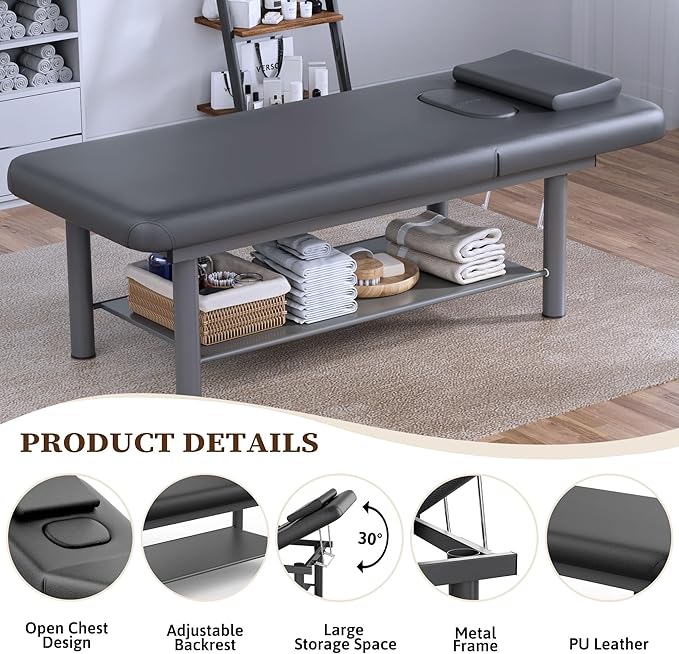 Olela Heavy Duty Stationary Massage Table with Adjustable Backrest, 31.5" Wide Professional Spa Facial & Therapy Bed, Metal Frame PU Leather Treatment Table for Salon & Clinic