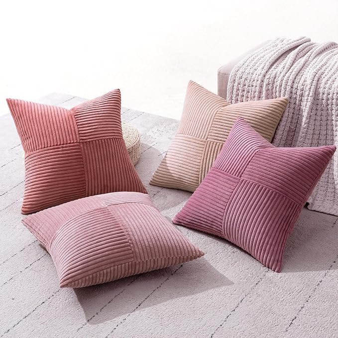 MIULEE Pink Spring Throw Pillow Covers 20x20 Inch Set of 4 Boho Farmhouse Cushion Cases Decorative Gradient Pillow Cases Corduroy Striped Home Decor for Couch Sofa Living Room Bed Valentine Decor