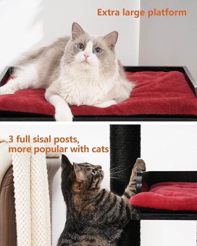 FourFurPets 43.7" Modern Cat Tree, Cat Tower for Large Cats, Wood Cat Tree | Maine Coon Cat Tree, Cat Tower with Scratching Post, Large Perch and Removable Pads, Black&Red