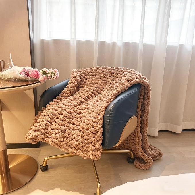 Soft Chunky Knit Throw Blanket for Couch, Cozy Warm Knitted Blankets | Hand Knit with Jumbo Chenille, Lightweight Warm Fluffy Decor for Women, Mom, Her & Girls,Sofa,Chair,Bed,40"×40"(Light Brown)