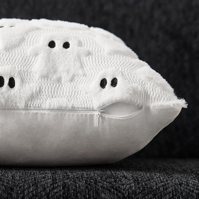 DFXSZ Halloween Pillow Covers 22x22 inch 2Pcs White Ghost Halloween Decor | Halloween Decorations Set of 2 Throw Pillow Cases Plush Faux Fur Wool Cushion for Chair Sofa Bedroom Living Room Home Decor