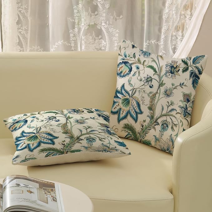 Blue Green Pillow Covers 22x22 Set of 2 Sage Green Chinoiserie Floral Throw Pillows Boho Vintage Flowers Decorative Pillowcase Outdoor Chinoiserie Decor Farmhouse Cushion Case for Couch Sofa